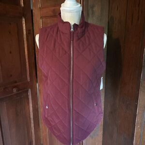 Laura Scott Puffer Vest Womens Medium Maroon Quilted Lined Zip Snap‎ Pockets NEW